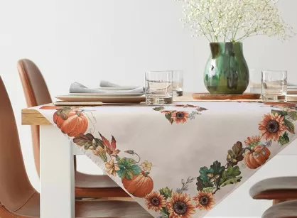 Obrus gobelinowy 140x180 1220 naturalny z nadrukiem pomarańczowych dyni i słoneczników