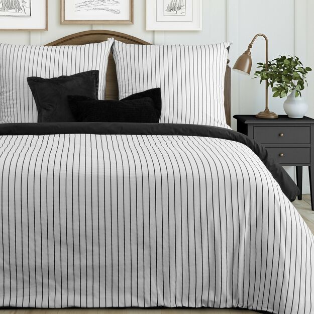 Pościel satynowa 160x200 RAYA biała czarna w paseczki
