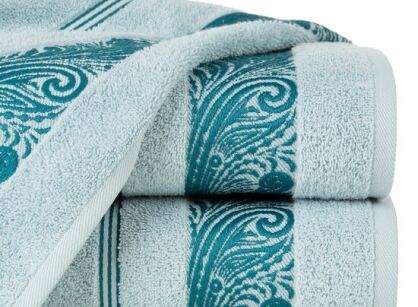 Ręcznik bawełniany 70x140 SYLWIA 1 miętowy z bordiurą żakardową w ornamentowy wzór