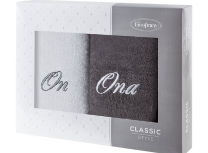 Komplet ręczników 2x50x90 ON ONA stalowe białe haftowane w kartonowym pudełku
