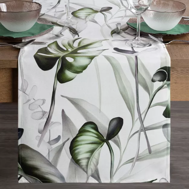 Bieżnik welwetowy 40x140 ELLEN biały z wzorem egzotycznych oliwkowych liści