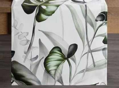 Bieżnik welwetowy 40x140 ELLEN biały z wzorem egzotycznych oliwkowych liści
