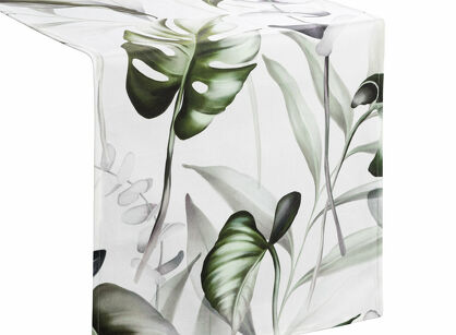 Bieżnik welwetowy 40x140 ELLEN biały z wzorem egzotycznych oliwkowych liści