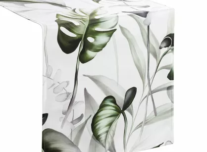 Bieżnik welwetowy 40x140 ELLEN biały z wzorem egzotycznych oliwkowych liści