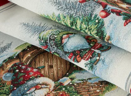 Bieżnik świąteczny 45x140 XMAS gobelinowy naturalny w zimowej scenerii z czerwoną obwódką