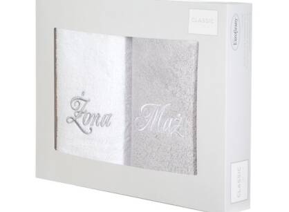 Komplet ręczników 2x50x90 MĄŻ ŻONA białe srebrne haftowane w kartonowym pudełku