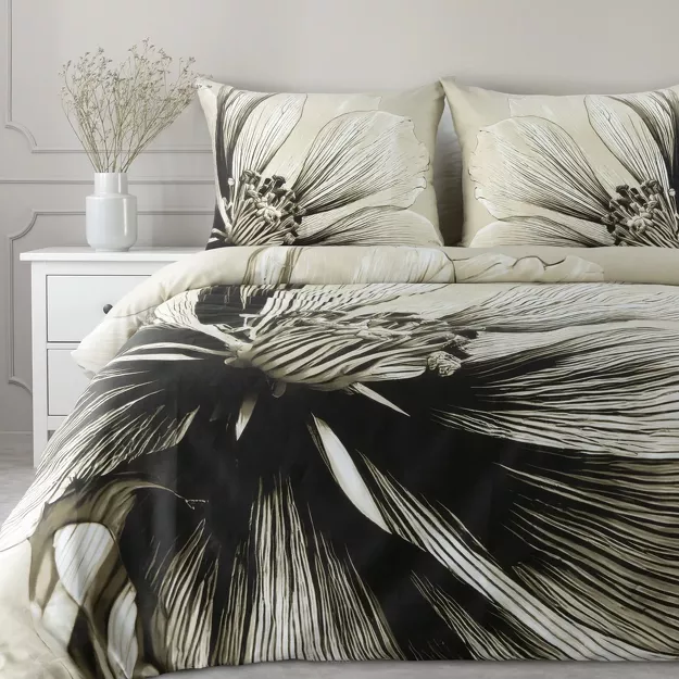 Pościel satynowa 220x200 SPRING 78 jasny beż brąz z wzorem roślinnym z kolekcji Classic