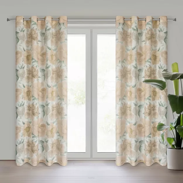 Zasłona na przelotkach 140x250 KARLA naturalna z jasno pomarańczowym wzorem kwiatów piwonii z domieszką lnu