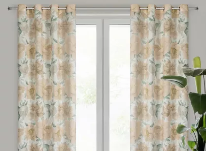 Zasłona na przelotkach 140x250 KARLA naturalna z jasno pomarańczowym wzorem kwiatów piwonii z domieszką lnu