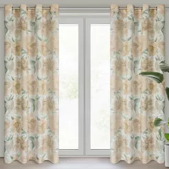 Zasłona gotowa na przelotkach 140x250 KARLA naturalna z jasno pomarańczowym wzorem kwiatów piwonii z domieszką lnu