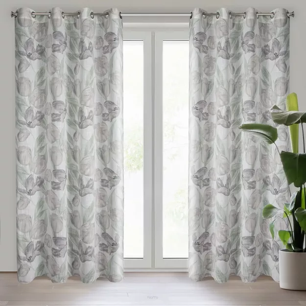 Zasłona na przelotkach 140x250 MILLIE naturalna w stylu eko z zielonym wzorem tulipanów