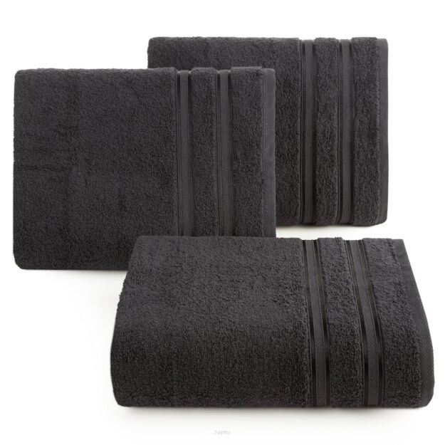 Ręcznik bawełniany 50x90 MANOLA czarny z żakardową połyskującą bordiurą w paski