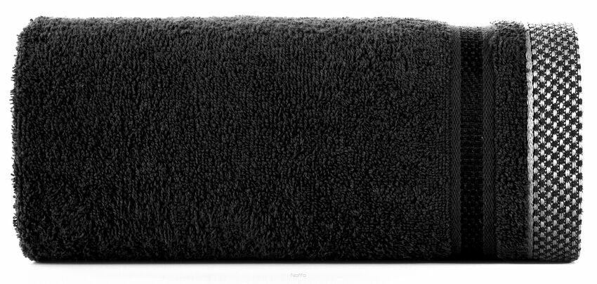 Ręcznik 100x150 ABBIE czarny  z żakardową błyszczącą bordiurą w pasy z delikatną krateczką 500 g/m2