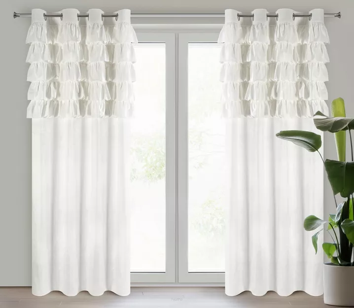 Zasłona na przelotkach 140x250 AURA welwetowa biała jednokolorowa zdobiona w górnej części falbanami