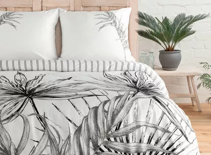 Pościel z makosatyny 160x200 PALOMA biała czarna wzór egzotycznych liści dwustronna Premium