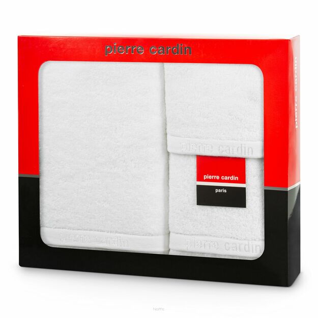Komplet Ręczników EVI Pierre Cardin białe zdobione bordiurą w kolorze ręcznika z logo marki z kolekcji Premium 430 g/m2