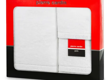 Komplet ręczników EVI Pierre Cardin białe zdobione bordiurą w kolorze ręcznika z logo marki z kolekcji Premium
