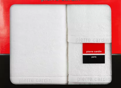 Komplet ręczników EVI Pierre Cardin białe zdobione bordiurą w kolorze ręcznika z logo marki z kolekcji Premium