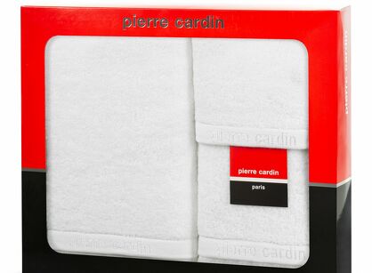 Komplet ręczników EVI Pierre Cardin białe zdobione bordiurą w kolorze ręcznika z logo marki z kolekcji Premium
