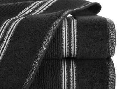 Ręcznik 70x140 FILON Eva Minge czarny zdobiony bordiurą w prążki z połyskującą srebrną nicią