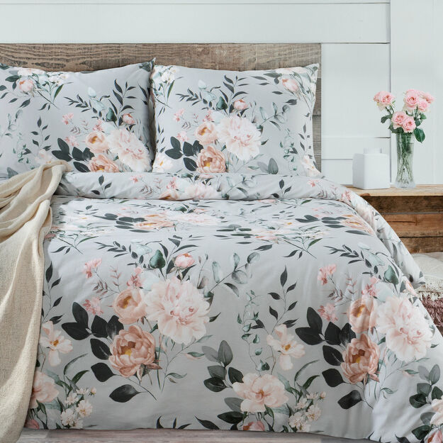 Pościel bawełniana 140x200 ROSITA szara z wzorem róż z kolekcji Classic