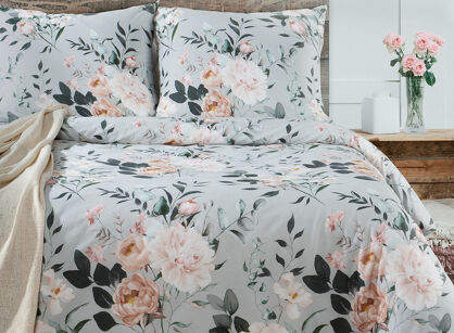 Pościel bawełniana 140x200 ROSITA szara z wzorem róż z kolekcji Classic