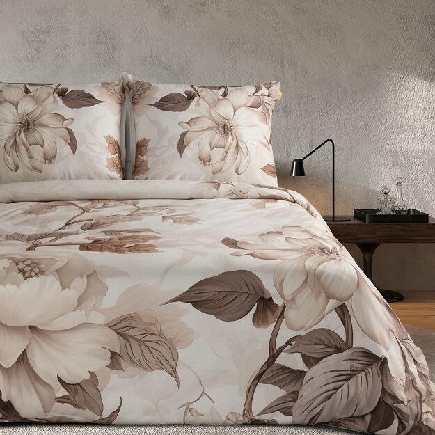 Pościel z makosatyny 220x200 DAKOTA Eva Minge beżowa brązowa wzór botaniczny Premium