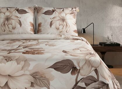 Pościel z makosatyny 220x200 DAKOTA Eva Minge beżowa brązowa wzór botaniczny Premium