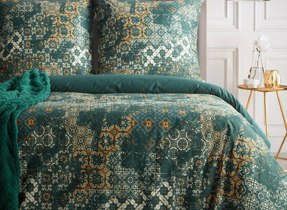 Pościel satynowa 160x200 SPRING 69 ciemna zieleń beż z nadrukiem mozaiki z kolekcji Classic