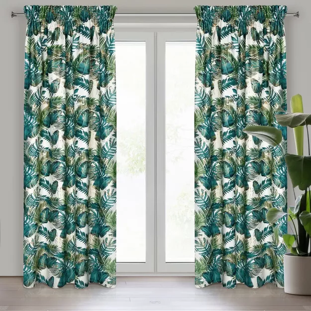 Zasłona na taśmie 140x270 DAVOS welwetowa biała ze złotym nadrukiem egzotycznych liści