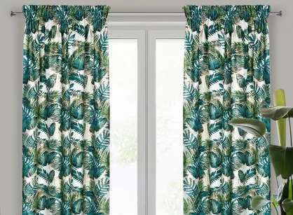 Zasłona na taśmie 140x270 DAVOS welwetowa biała ze złotym nadrukiem egzotycznych liści