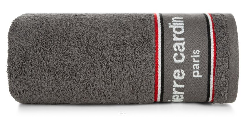 Ręcznik KARL 50x90 KARL Pierre Cardin srebrny zdobiony kontrastową bordiurą z napisami Pierre Cardin