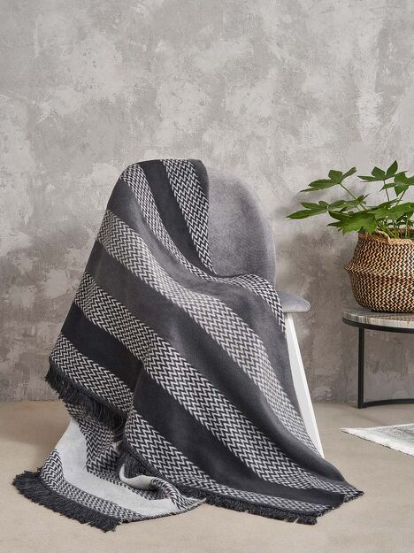 Koc bawełniany 150x200 2144-2 stalowy pasy w zygzaki z frędzlami