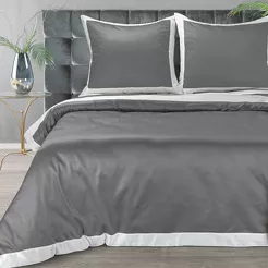 Pościel satyna bawełniana 220x200 LAURA stalowa zdobiona ozdobną białą kantą z kolekcji Nova Style
