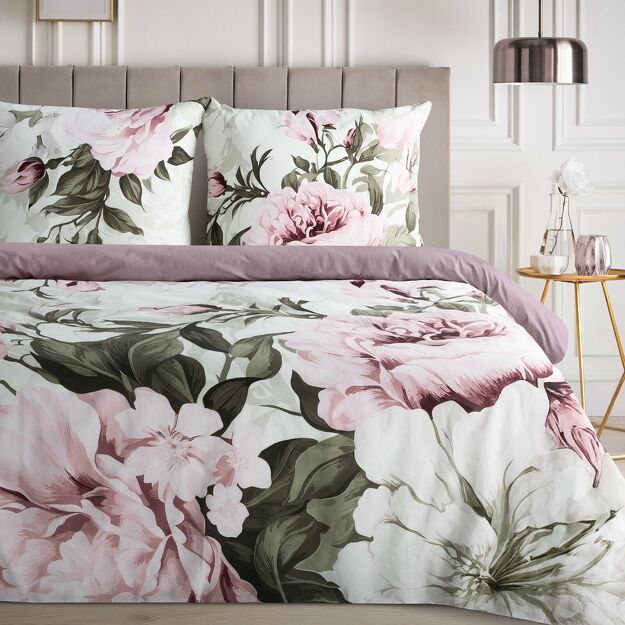 Pościel bawełniana 140x200 PEONY biała wrzosowa z wzorem piwonii z kolekcji Classic