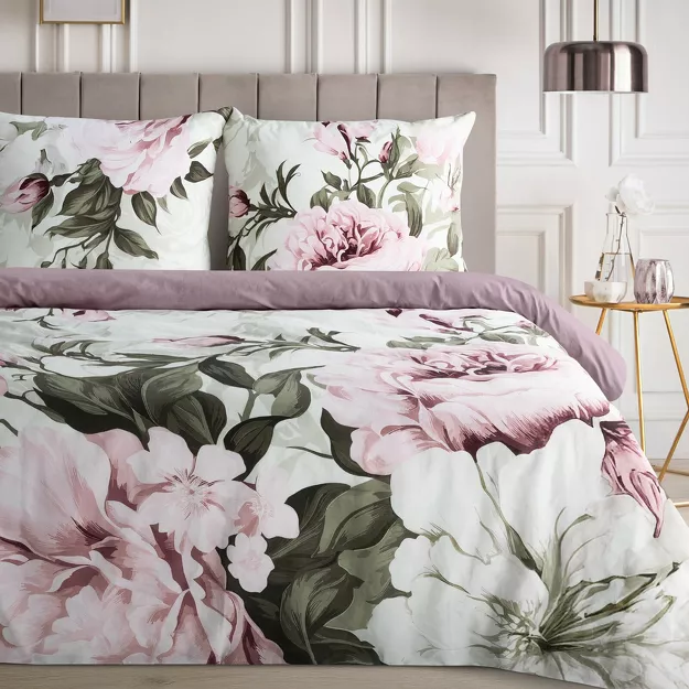 Pościel bawełniana 140x200 PEONY biała wrzosowa z wzorem piwonii z kolekcji Classic