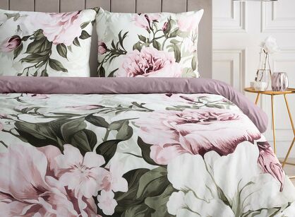 Pościel bawełniana 140x200 PEONY biała wrzosowa z wzorem piwonii z kolekcji Classic