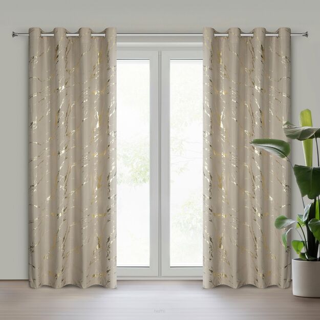 Zasłona na przelotkach 140x250 LANI beżowa z mikrofibry z błyszczącym złotym nadrukiem marmurku
