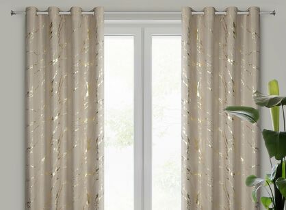 Zasłona na przelotkach 140x250 LANI beżowa z mikrofibry z błyszczącym złotym nadrukiem marmurku