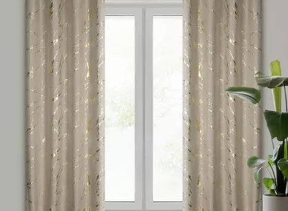 Zasłona gotowa na przelotkach 140x250 LANI beżowa z mikrofibry z błyszczącym złotym nadrukiem marmurku