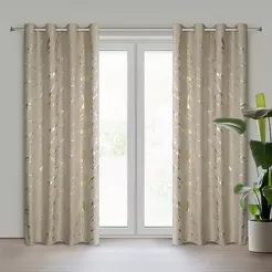Zasłona gotowa na przelotkach 140x250 LANI beżowa z mikrofibry z błyszczącym złotym nadrukiem marmurku