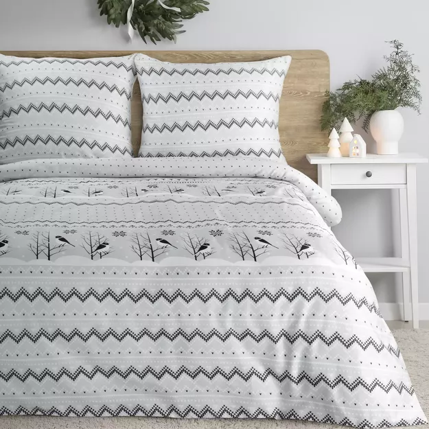 Pościel świąteczna 160x200 TASHA biało stalowa subtelny nadruk z satyny bawełnianej