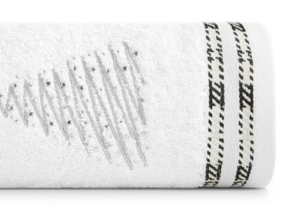 Ręcznik świąteczny 70x140 EVE 2A biały z żakardową bordiurą zdobiony dżetami i haftem srebrnym choinki