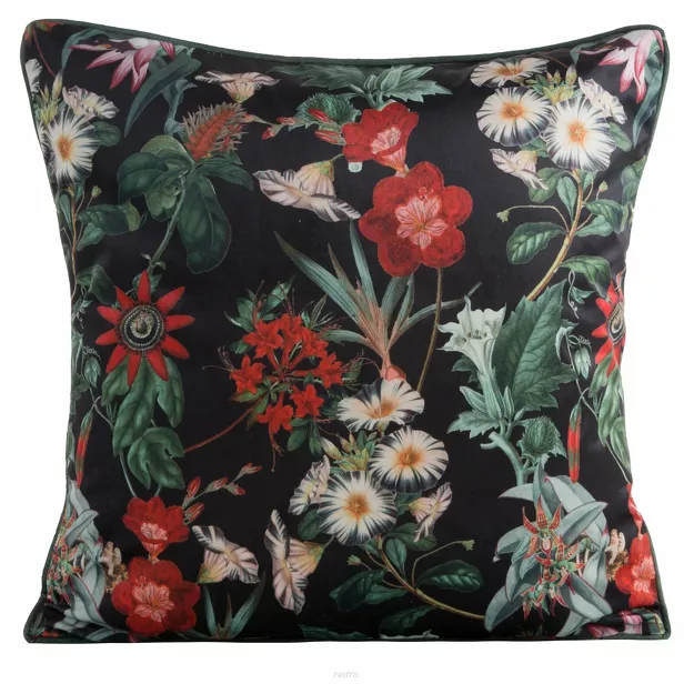 Poszewka welwetowa 45x45 VELVET 102 czarna z wzorem zielonych i czerwonych kwiatów polnych obszyta lamówką