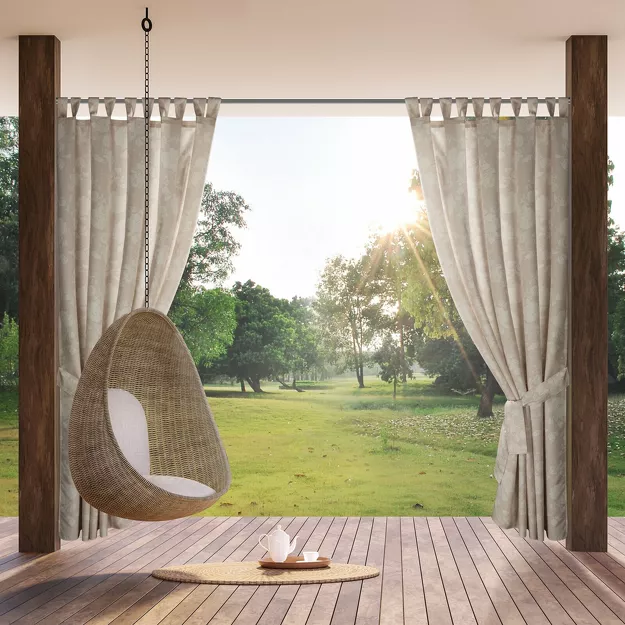 Zasłona na taras 155x220 GARDEN 15 pudrowa na szelkach zapinanymi na rzepy wodoodporna z motywem roślinnym