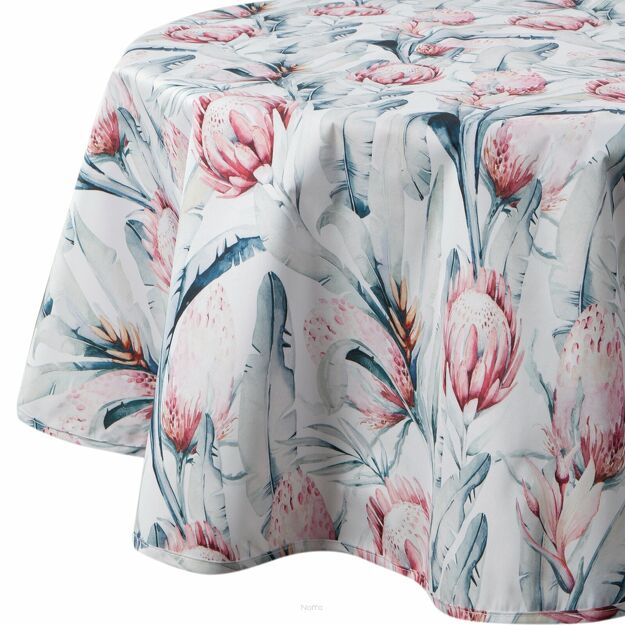 Obrus na taras fi 150 GARDEN 32 biały wodoodporny niebieski motyw kwiatowy