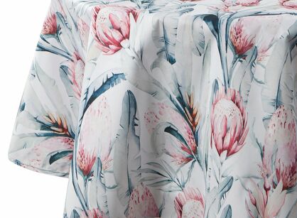 Obrus na taras fi 150 GARDEN 32 biały wodoodporny niebieski motyw kwiatowy