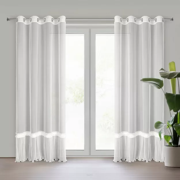 Firana na przelotkach 140x250 MEGAN biała zdobiona ozdobna koronką z falbanką