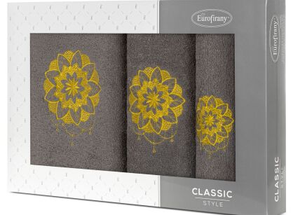 Komplet ręczników 3 szt. LOTUS stalowe z haftowanym musztardowym wzorem kwiatu lotosu w kartonowym pudełku