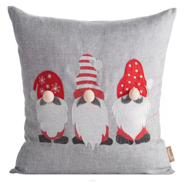 Poszewka świąteczna 45x45 160 srebrno czerwona zdobiona haftowanym wzorem skrzatów